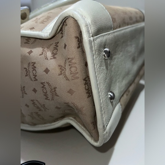 MCM Work Laptop Tote Bag Khaki Canvas MCM Visetos Logo Cream /Gray Leather Trim - Picture 12 of 13